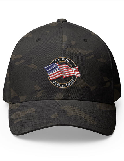 In God We Still Trust Camo Cap with Embroidered American Flag Emblem Patriotic Hat - Patriot Trucker Caps 