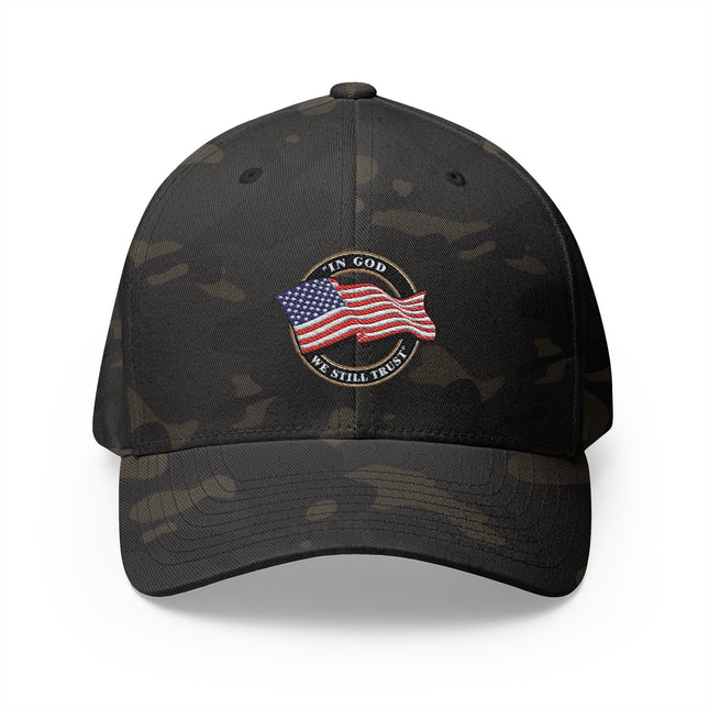 In God We Still Trust Camo Cap with Embroidered American Flag Emblem Patriotic Hat - Patriot Trucker Caps 