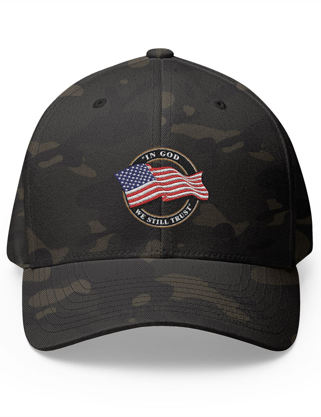 In God We Still Trust Camo Cap with Embroidered American Flag Emblem Patriotic Hat - Patriot Trucker Caps 