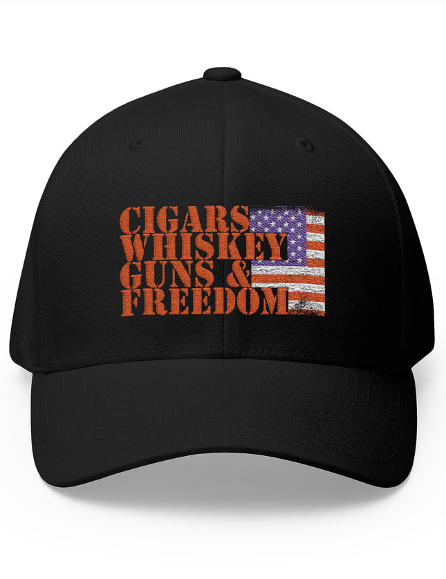 Cigars Whiskey Guns and Freedom Black Cap with Distressed American Flag – Patriot Trucker Caps