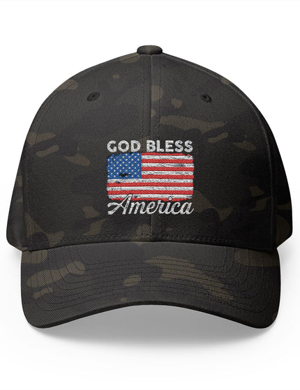 Black camo trucker hat with embroidered American flag and God Bless America text – Patriot Trucker Caps