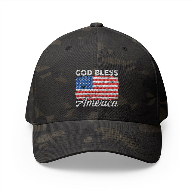 Black camo trucker hat with embroidered American flag and God Bless America text – Patriot Trucker Caps