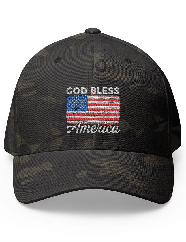 Black camo trucker hat with embroidered American flag and God Bless America text – Patriot Trucker Caps