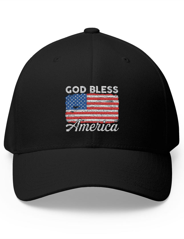 Black trucker hat with embroidered American flag and God Bless America text – Patriot Trucker Caps