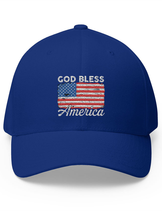 Blue trucker hat with embroidered American flag and God Bless America text – Patriot Trucker Caps