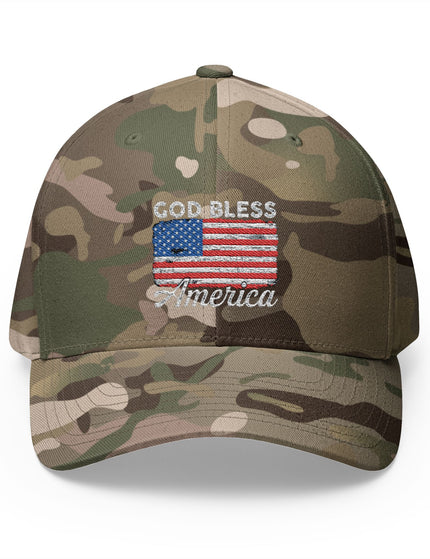 Olive Camo trucker hat with embroidered American flag and God Bless America text – Patriot Trucker Caps