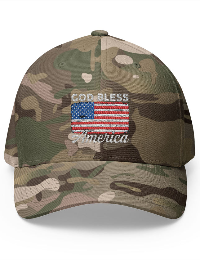 Olive Camo trucker hat with embroidered American flag and God Bless America text – Patriot Trucker Caps