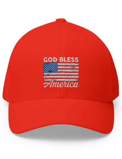 Red trucker hat with embroidered American flag and God Bless America text – Patriot Trucker Caps