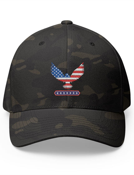 Patriot trucker caps black camo flexfit cap with embroidered American flag eagle design