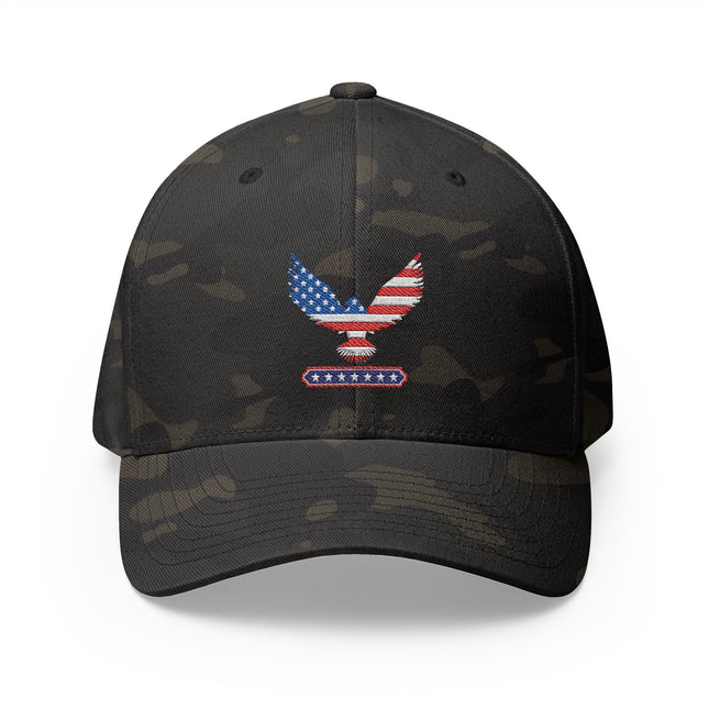 Patriot trucker caps black camo flexfit cap with embroidered American flag eagle design