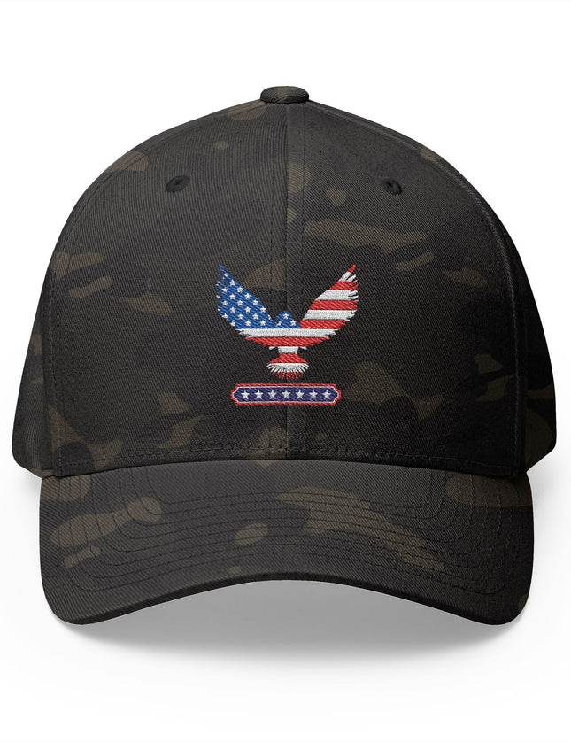 Patriot trucker caps black camo flexfit cap with embroidered American flag eagle design